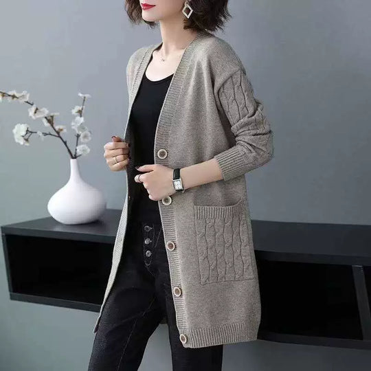 EB | Cardigan-Pullover Wollstrick Lockere Passform Kabelärmeln Mittellang Knopffront