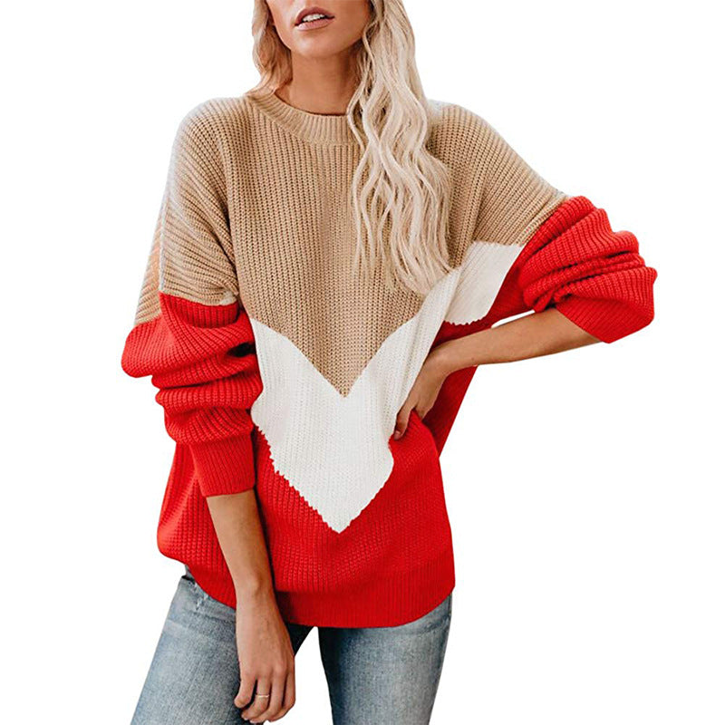 Damen Grobstrickpullover mit V-förmigem Farbdesign EB
