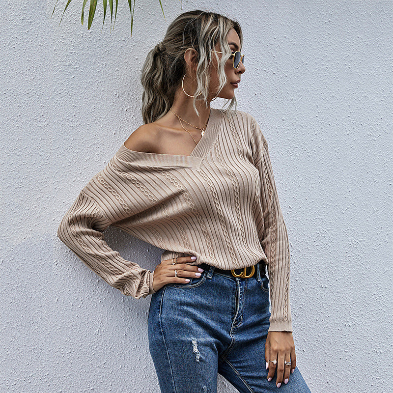 Damen lässiger Strickpullover mit V-Ausschnitt und Rippstruktur EB