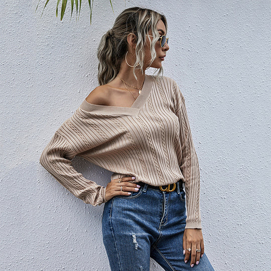 Damen lässiger Strickpullover mit V-Ausschnitt und Rippstruktur EB