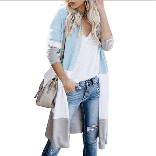 Damen lässiger Strickmantel mit Farbblock-Design und offenem Schnitt EB