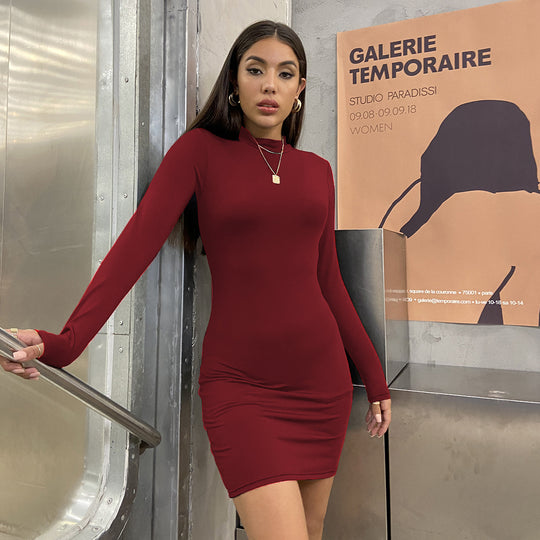 Damen Figurbetontes Langarmkleid mit hohem Kragen EB