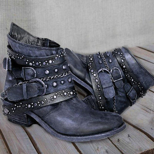 Damen nan knöchelhohe Biker-Stiefelette mit mehreren Nietenriemen, dekorativen Ketten und verstellbaren Schnallen EB