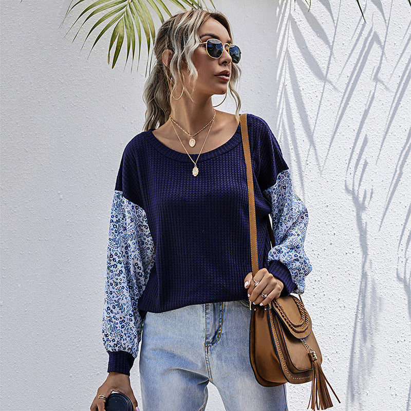 Damen lässiger Strickpullover mit voluminösen Ärmeln und floralem Design EB