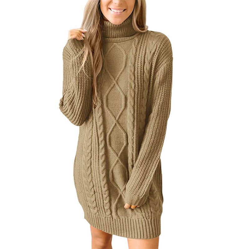 Damen Grobstrick Pulloverkleid mit traumhaftem Zopfmuster und hohem Kragen EB