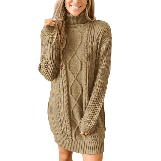 Damen Grobstrick Pulloverkleid mit traumhaftem Zopfmuster und hohem Kragen EB