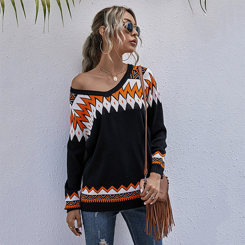 Damen Oversized Pullover mit tiefem V-Ausschnitt und geometrischem Muster EB