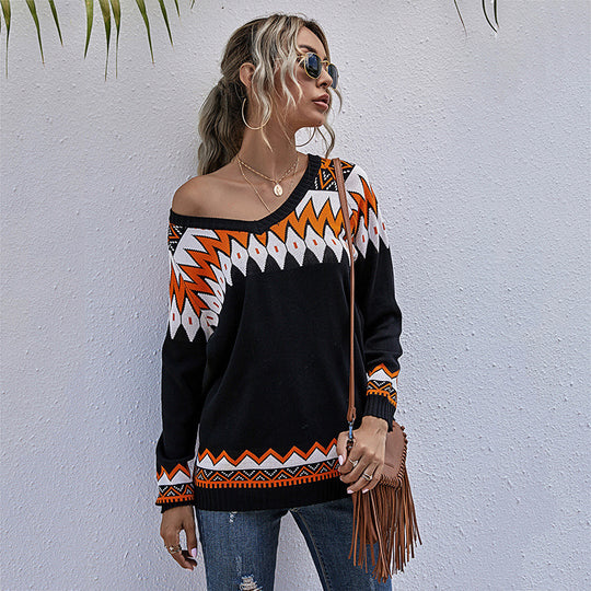 Damen Oversized Pullover mit tiefem V-Ausschnitt und geometrischem Muster EB