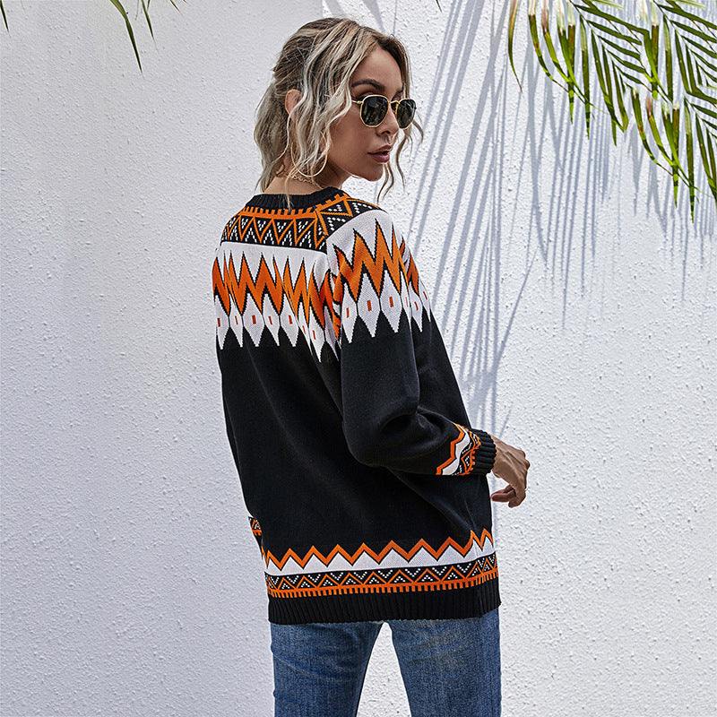 Damen Oversized Pullover mit tiefem V-Ausschnitt und geometrischem Muster EB