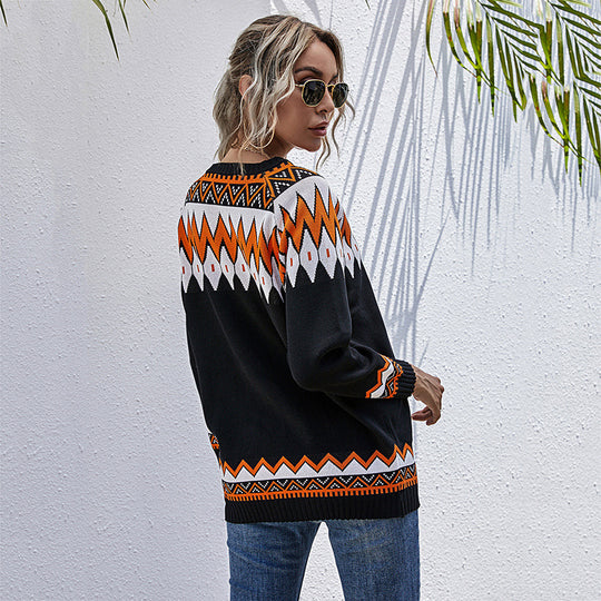Damen Oversized Pullover mit tiefem V-Ausschnitt und geometrischem Muster EB