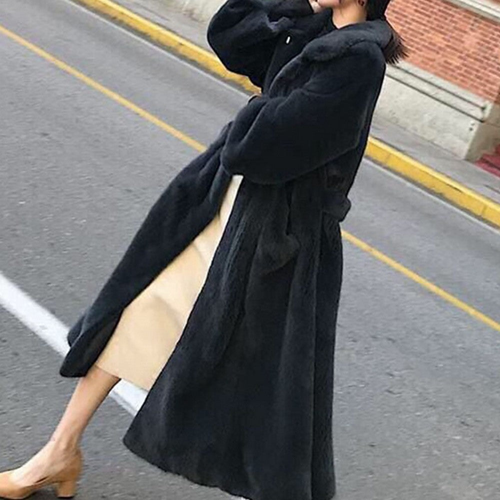 Damen Fluffiger Langmantel mit breitem Gürtel EB