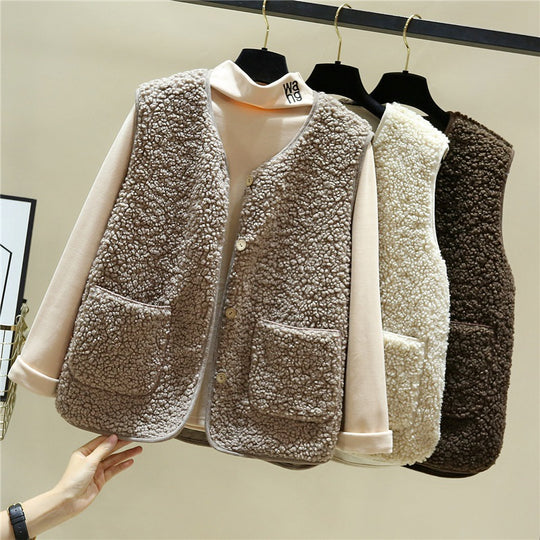 Damen kuschelige Teddyweste mit Druckknopf und aufgesetzten Taschen EB