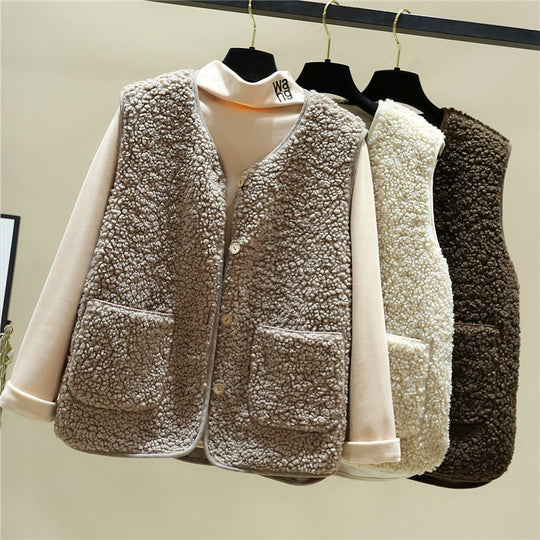 Damen kuschelige Teddyweste mit Druckknopf und aufgesetzten Taschen EB