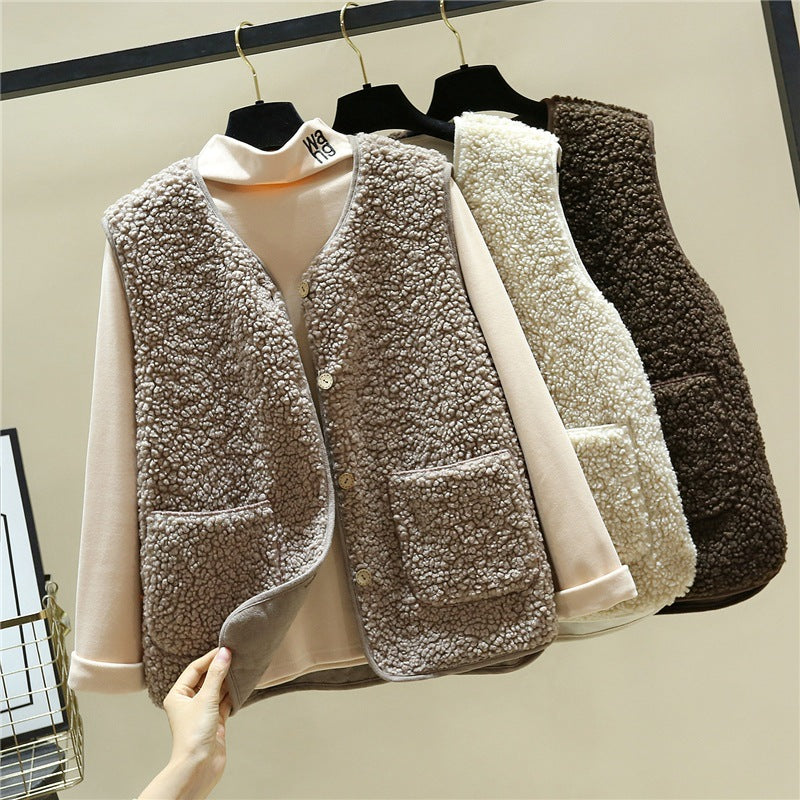 Damen kuschelige Teddyweste mit Druckknopf und aufgesetzten Taschen EB