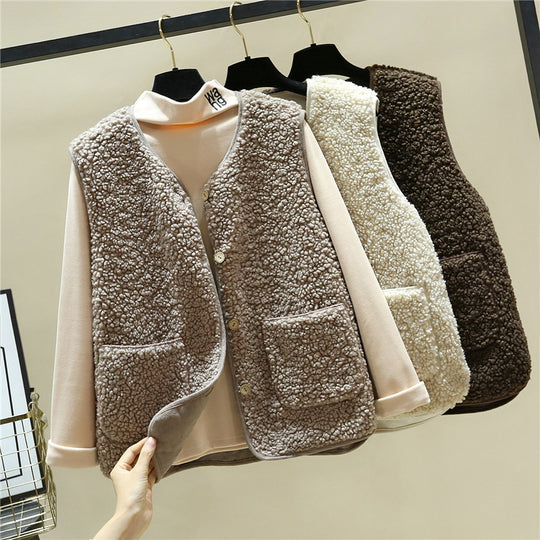 Damen kuschelige Teddyweste mit Druckknopf und aufgesetzten Taschen EB