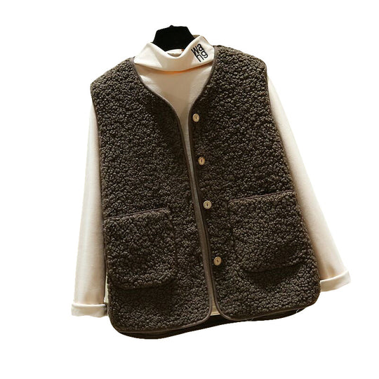 Damen kuschelige Teddyweste mit Druckknopf und aufgesetzten Taschen EB