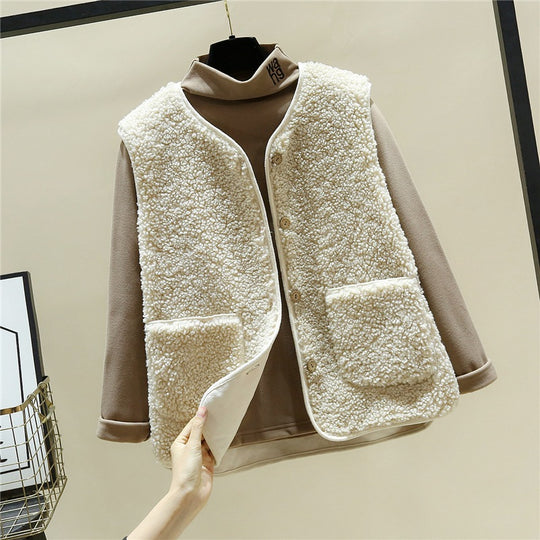 Damen kuschelige Teddyweste mit Druckknopf und aufgesetzten Taschen EB