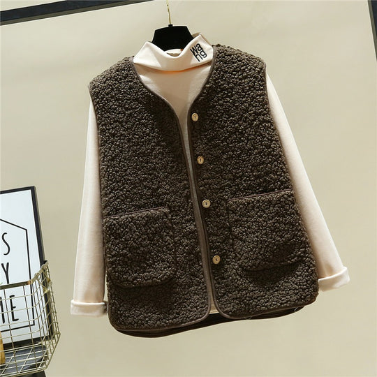 Damen kuschelige Teddyweste mit Druckknopf und aufgesetzten Taschen EB