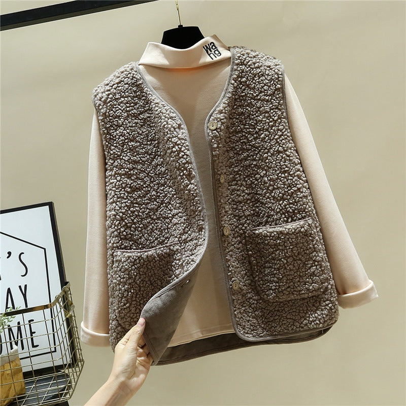 Damen kuschelige Teddyweste mit Druckknopf und aufgesetzten Taschen EB