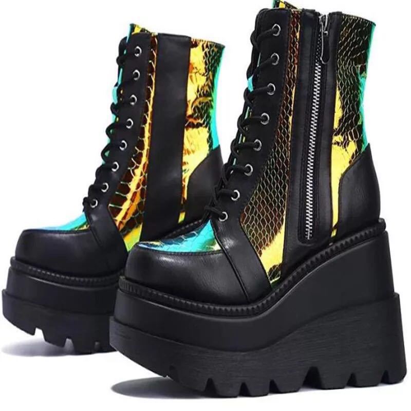 Damen nan Plateau-Bikerstiefel mit holografischen Einsätzen, Schnürung und seitlichem Reißverschluss EB