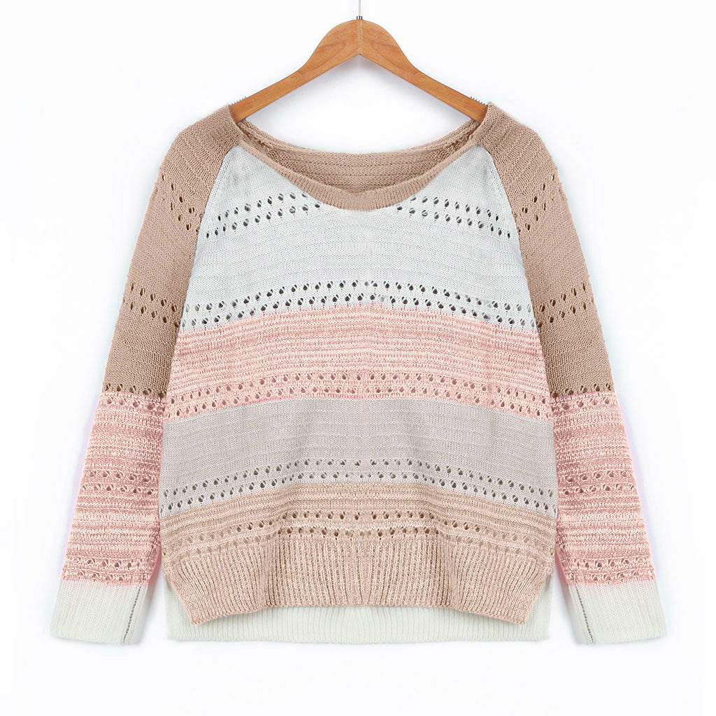Damen Strickpullover mit ausgefallenem Farbdesign und modischem Lochmuster EB