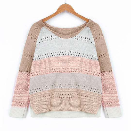 Damen Strickpullover mit ausgefallenem Farbdesign und modischem Lochmuster EB