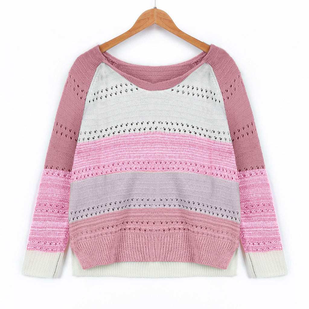 Damen Strickpullover mit ausgefallenem Farbdesign und modischem Lochmuster EB