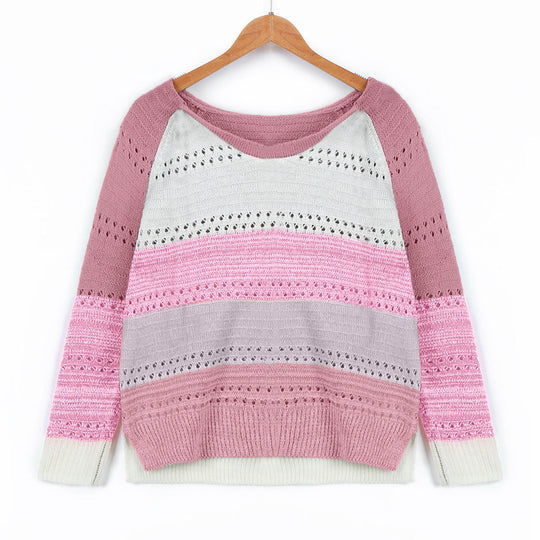 Damen Strickpullover mit ausgefallenem Farbdesign und modischem Lochmuster EB