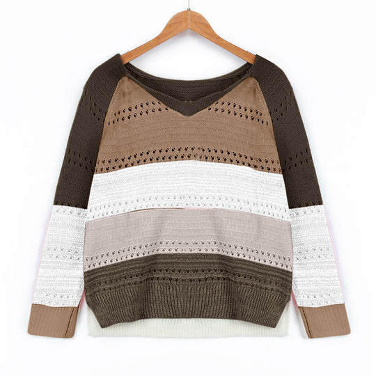 Damen Strickpullover mit V-Ausschnitt und zarten Lochmustern EB
