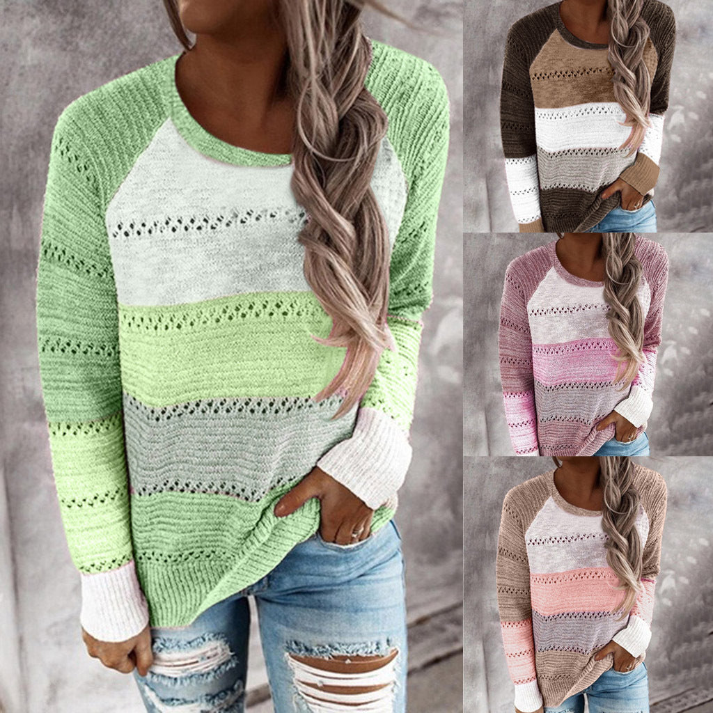 Damen Strickpullover mit ausgefallenem Farbdesign und modischem Lochmuster EB