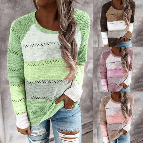 Damen Strickpullover mit ausgefallenem Farbdesign und modischem Lochmuster EB