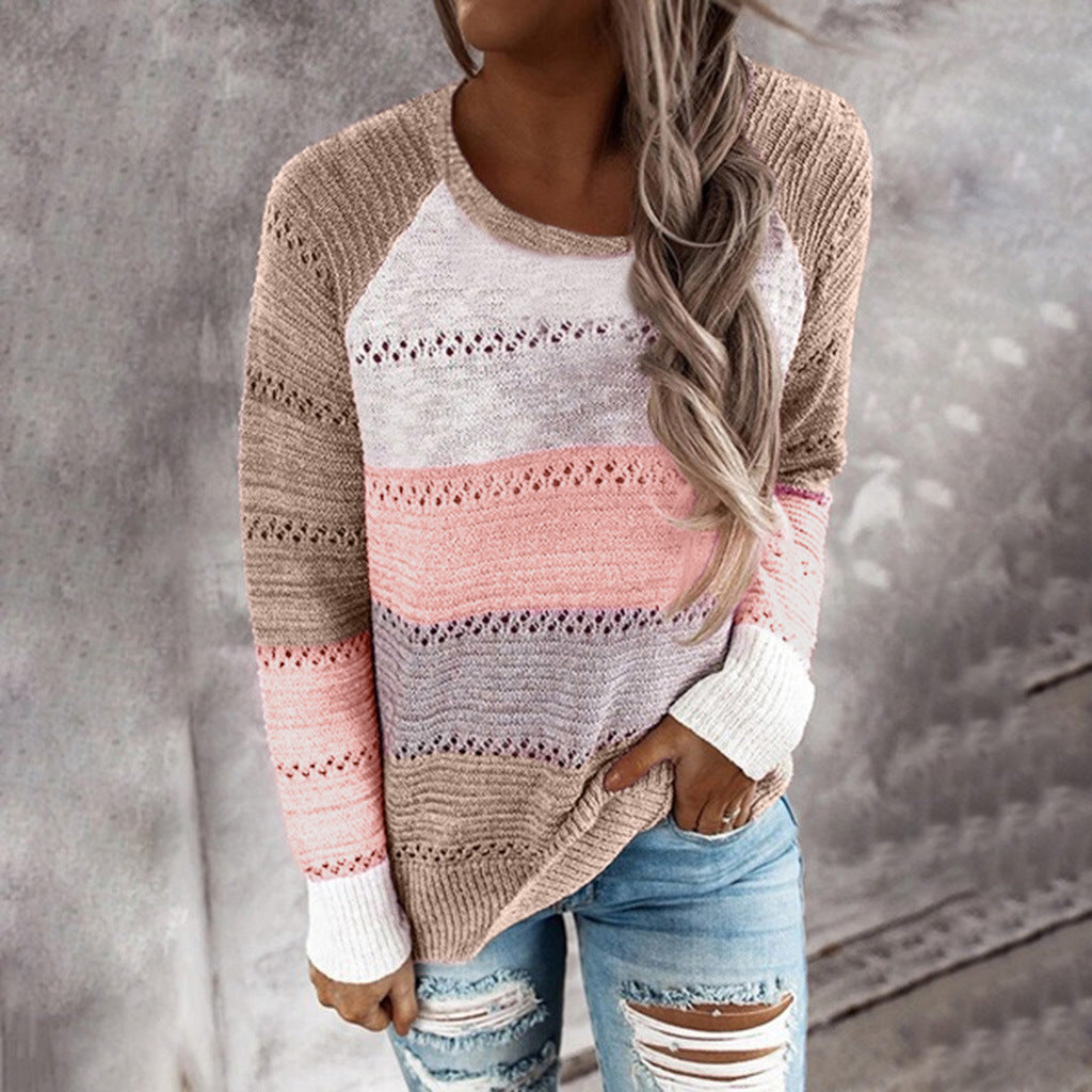Damen Strickpullover mit ausgefallenem Farbdesign und modischem Lochmuster EB