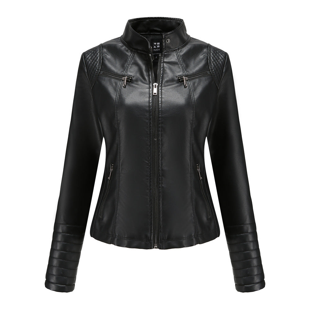 Damen nan taillierte Bikerjacke aus Kunstleder mit Stehkragen und gesteppter Ärmelpartie EB
