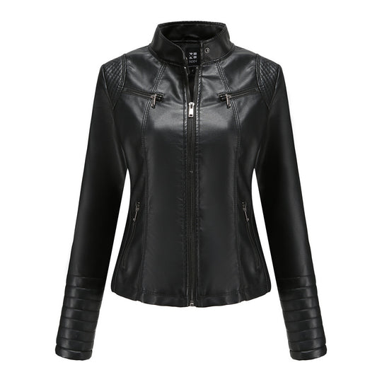Damen nan taillierte Bikerjacke aus Kunstleder mit Stehkragen und gesteppter Ärmelpartie EB