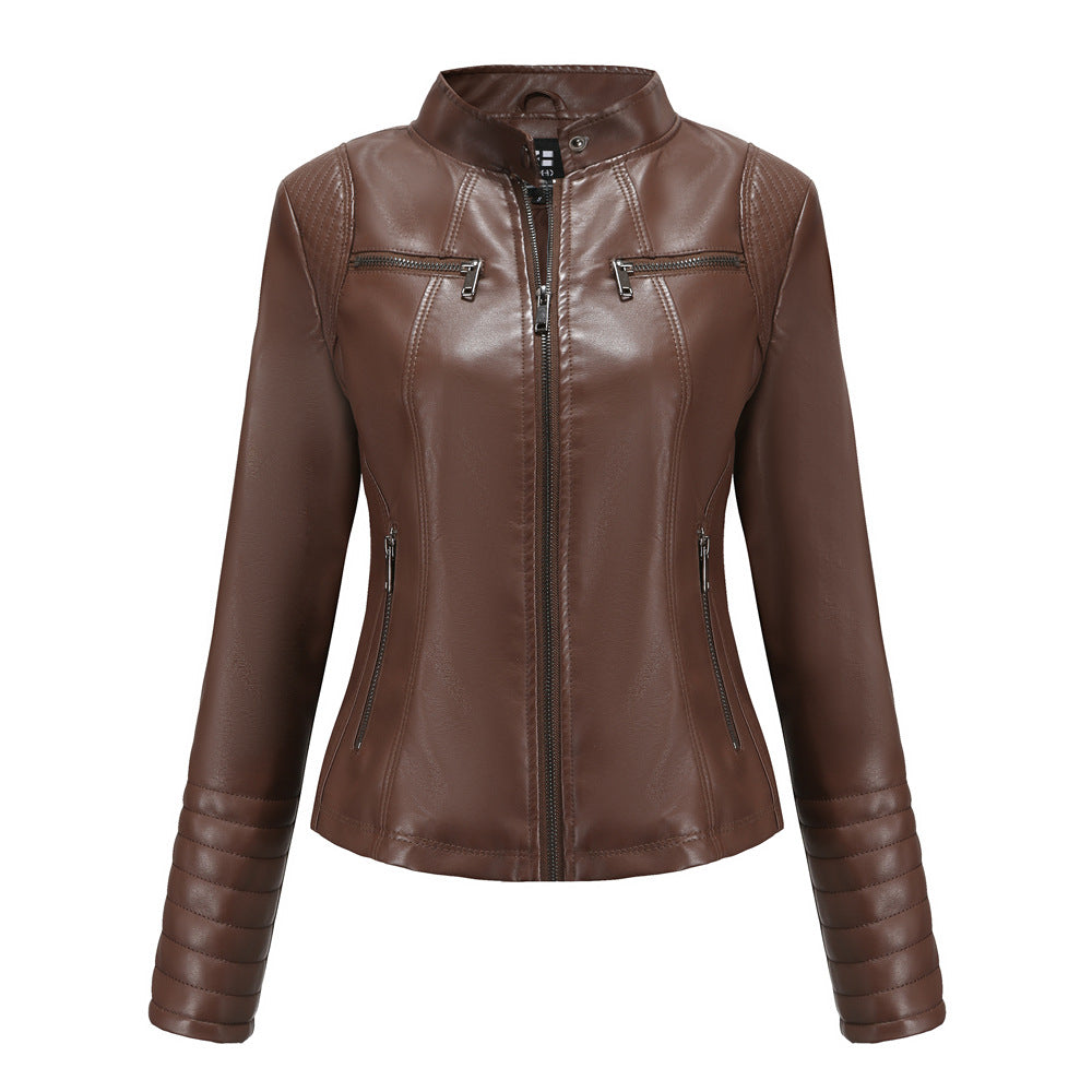 Damen nan taillierte Bikerjacke aus Kunstleder mit Stehkragen und gesteppter Ärmelpartie EB