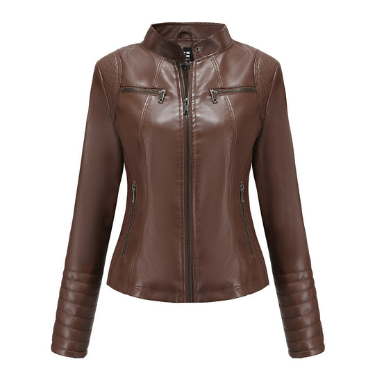 Damen nan taillierte Bikerjacke aus Kunstleder mit Stehkragen und gesteppter Ärmelpartie EB