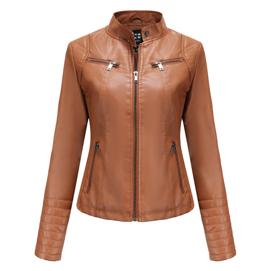 Damen nan taillierte Bikerjacke aus Kunstleder mit Stehkragen und gesteppter Ärmelpartie EB