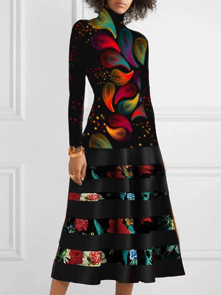 Damen Strickkleid mit hohem Kragen und floralem Saum EB