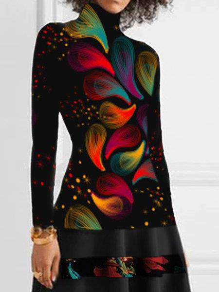 Damen Strickkleid mit hohem Kragen und floralem Saum EB
