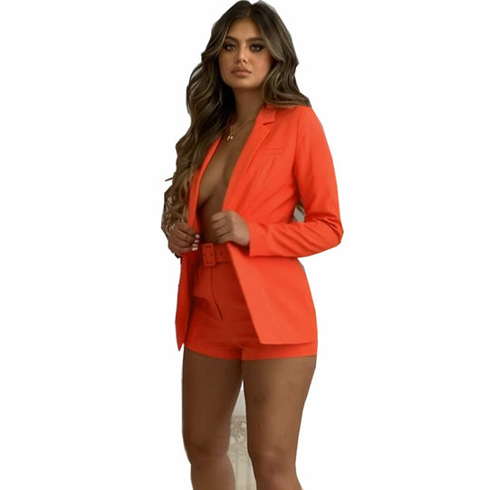Damen nan tailliertes Longblazer-Shorts Set mit betonter Schulterpartie, hoher Taille und breitem Gürtel EB