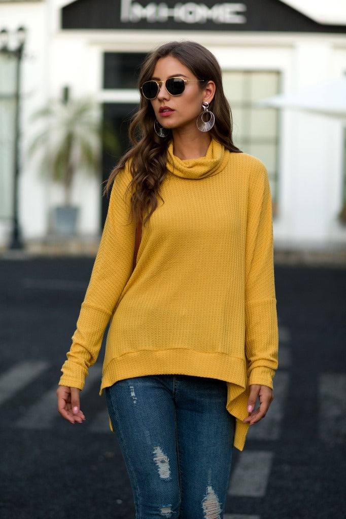Damen lässiger Pullover mit schickem Schal-Kragen und asymmetrischem Saum EB