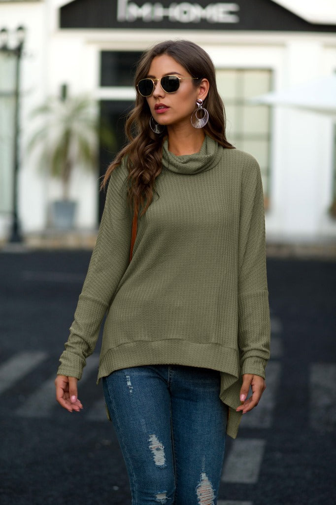 Damen lässiger Pullover mit schickem Schal-Kragen und asymmetrischem Saum EB
