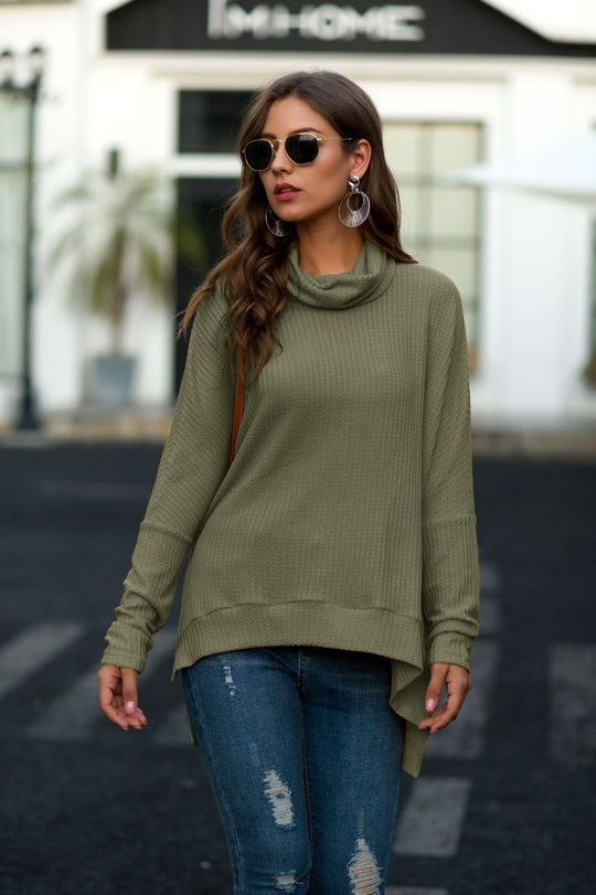 Damen lässiger Pullover mit schickem Schal-Kragen und asymmetrischem Saum EB