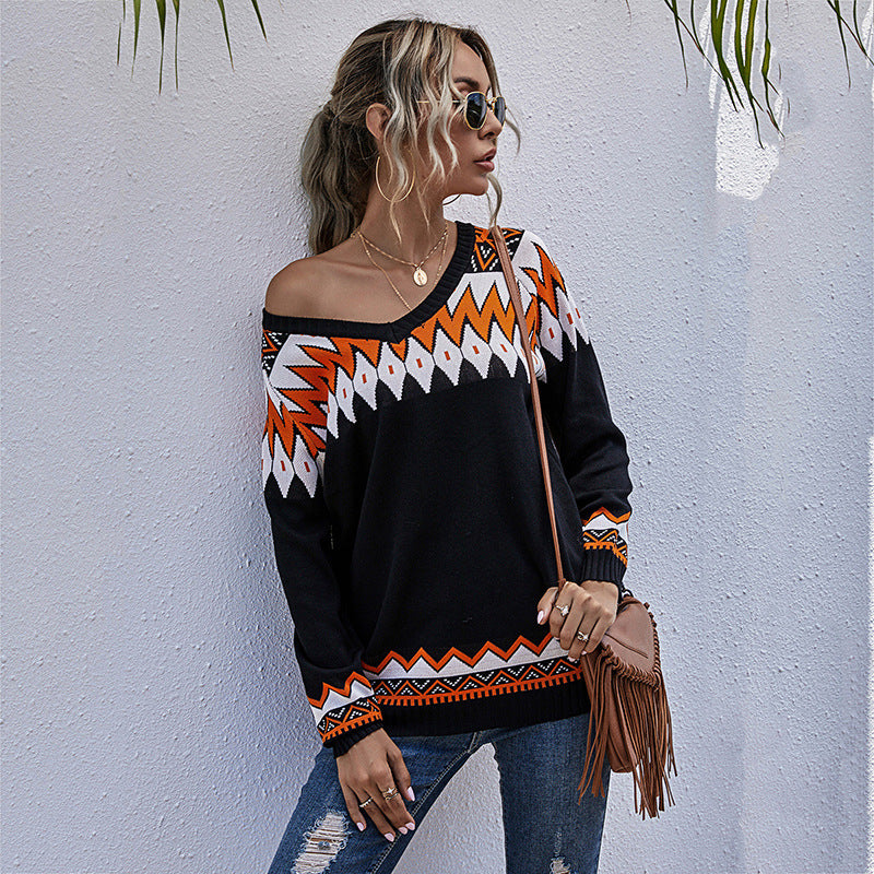 Damen Oversized Pullover mit tiefem V-Ausschnitt und geometrischem Muster EB