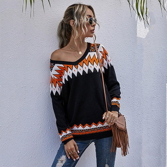 Damen Oversized Pullover mit tiefem V-Ausschnitt und geometrischem Muster EB