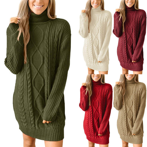 Damen Grobstrick Pulloverkleid mit traumhaftem Zopfmuster und hohem Kragen EB