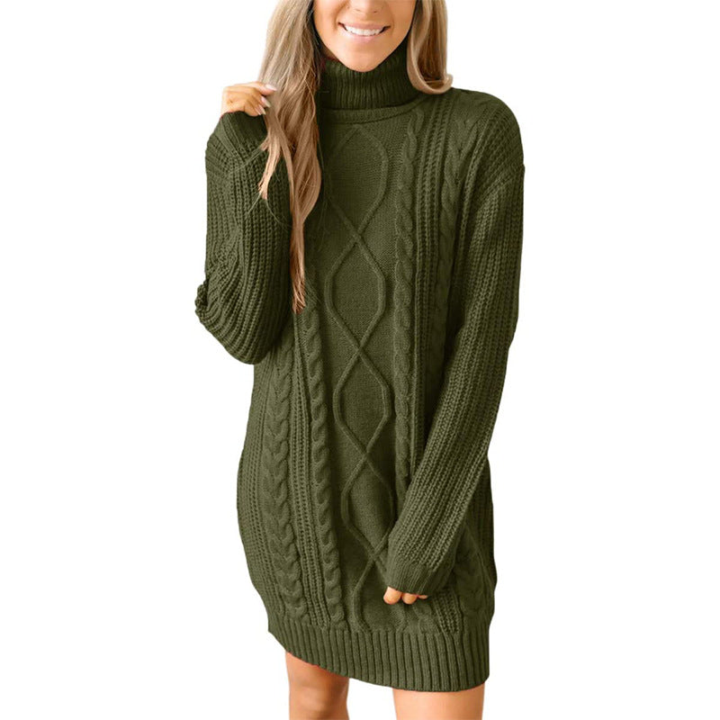 Damen Grobstrick Pulloverkleid mit traumhaftem Zopfmuster und hohem Kragen EB