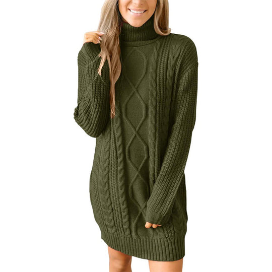 Damen Grobstrick Pulloverkleid mit traumhaftem Zopfmuster und hohem Kragen EB
