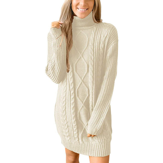 Damen Grobstrick Pulloverkleid mit traumhaftem Zopfmuster und hohem Kragen EB