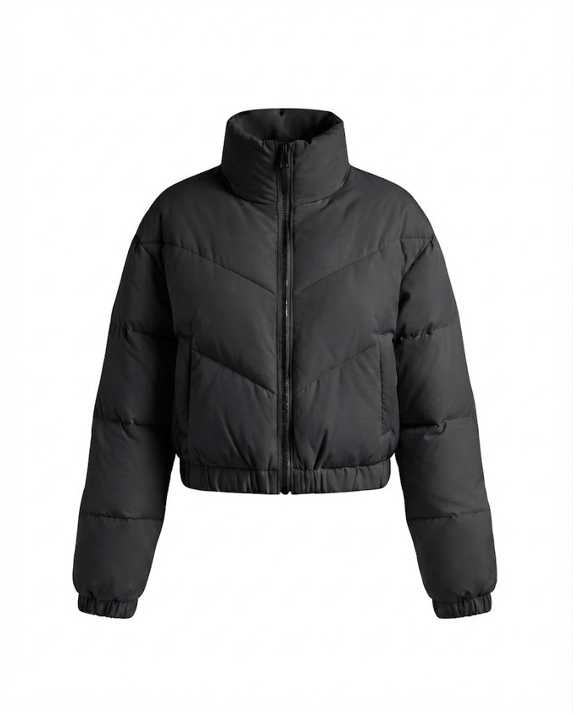 Damen nan kurzes wattiertes Cropped-Pufferjäckchen mit hohem Stehkragen und elastischem Saum EB